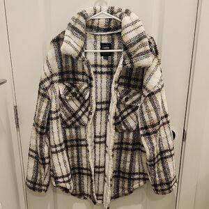 Cisono Los Angeles Black and Cream Plaid Teddy Button Up Collar Jacket Womens XL